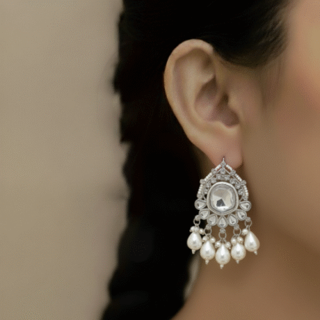 Silver-Toned Kundan Drop Earrings with Pearl Cluster