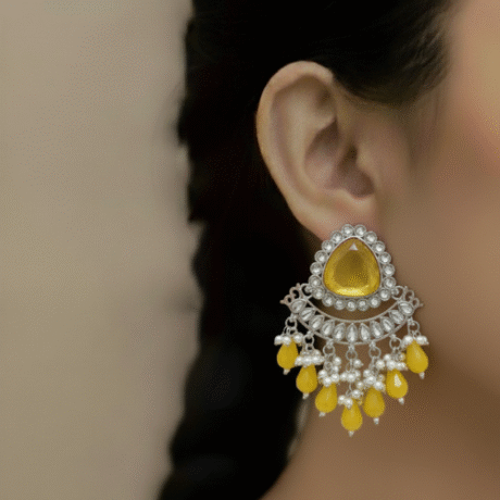 Silver-Toned Kundan Chandelier Earrings with Bead Drops