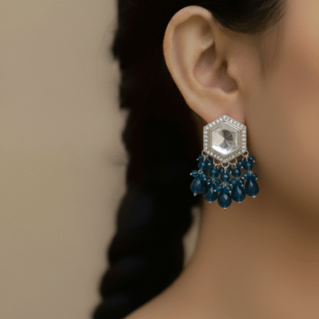 Hexagonal Kundan Stud Earrings with Bead Drops