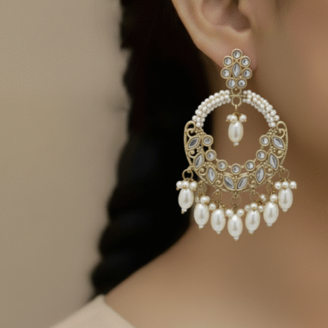 Gold-Toned Kundan and Pearl Hoop Chandelier Earrings