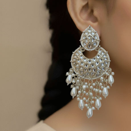 Gold-Toned Kundan and Pearl Chandelier Earrings