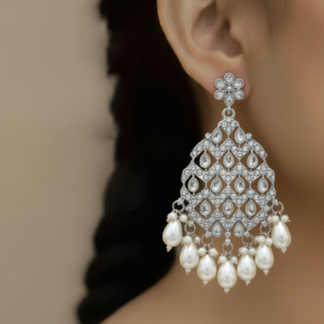 Silver-Toned Diamond-Cut Chandelier Earrings with Pearl Drops