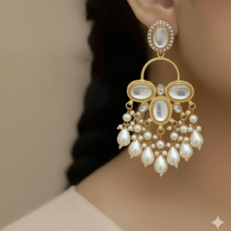 Gold-Toned Chandelier Earrings with Cat-Eye Cabochon Stones and Pearl Drops